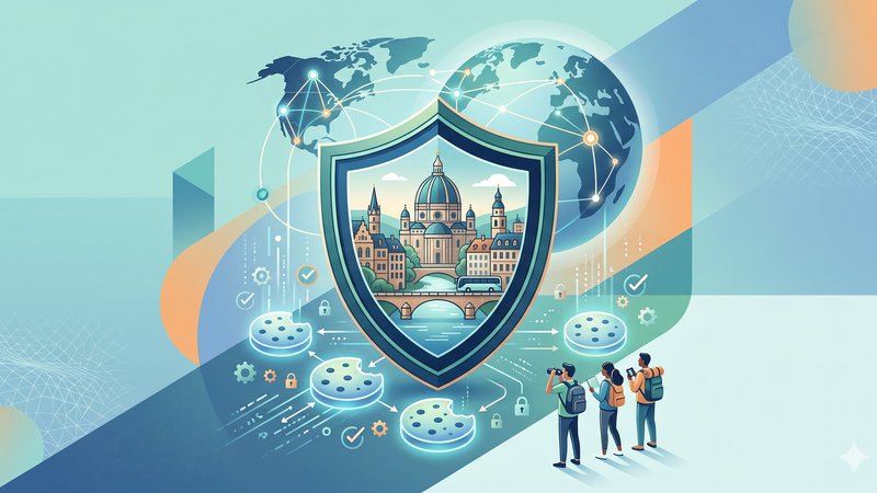 Современная иллюстрация с печеньем и цифровыми иконками защиты данных для политики cookie сайта